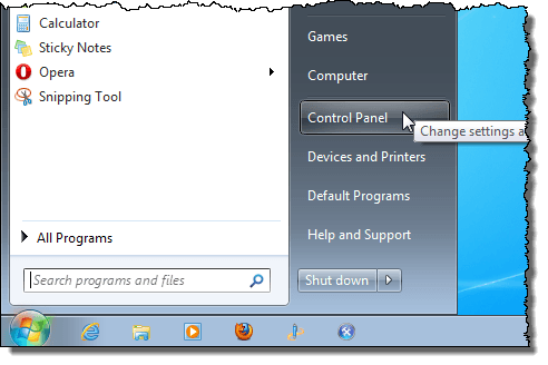 Mở Control Panel trong Windows 7