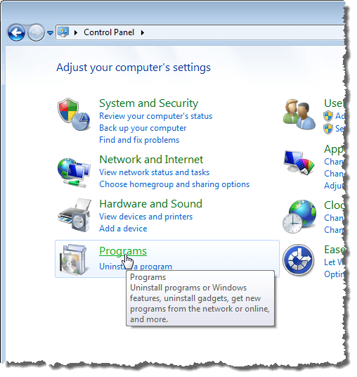 Nhấp vào liên kết Chương trình trong Windows 7