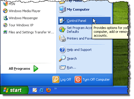 Mở bảng điều khiển trong Windows XP
