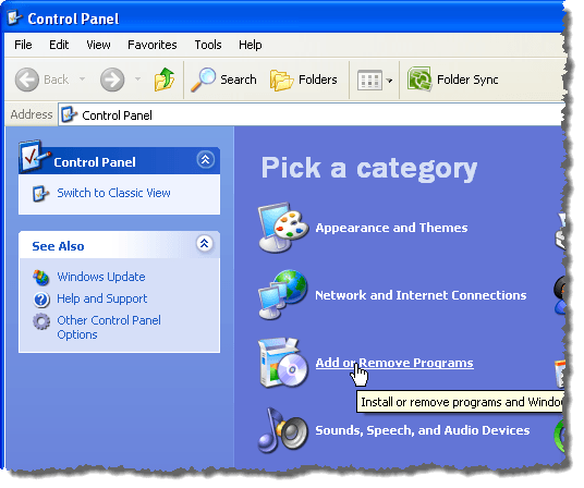Nhấp vào liên kết Thêm hoặc Loại bỏ Chương trình trong Windows XP