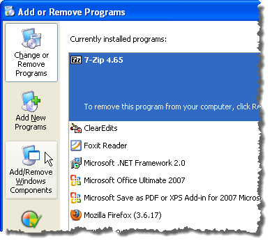 Nhấp vào Thêm / loại bỏ cấu phần Windows trong Windows XP