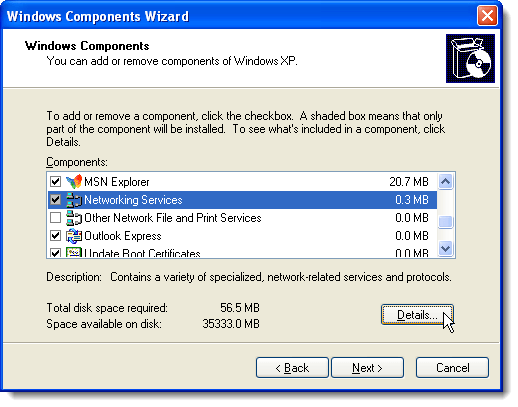 Kích vào Details trên Windows Components Wizard