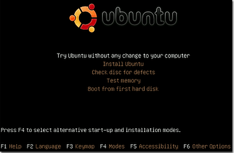 Menu chính của Ubuntu Linux Live CD