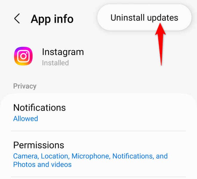 Gỡ cài đặt Cập nhật ứng dụng của Instagram trên hình ảnh Android