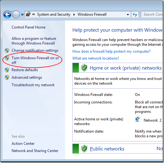 Click on Turn Windows Firewall On or Off